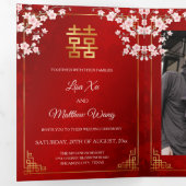 Invitation Trois Volets Pink Cherry Blossom Red | Photo Chinese Wedding (Intérieur en premier)