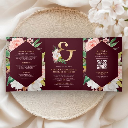 Invitation Trois Volets Pink Floral Ampersand Burgundy QR Code Wedding