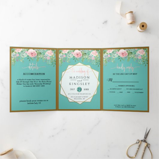 Invitation Trois Volets Pink Floral Turquoise Mariage Fab ÉLÉGANT (Intérieur)