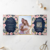 Invitation Trois Volets Pink Gold Floral Photo QR Code Marine Blue Mariage (Intérieur)