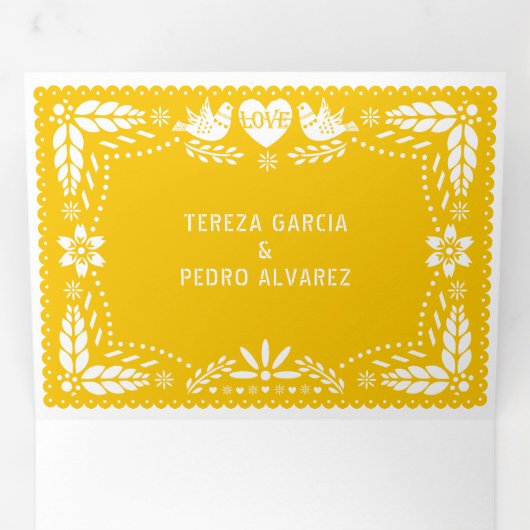Invitation Trois Volets Pique-nique jaune inséparables mariage (Intérieur en premier)