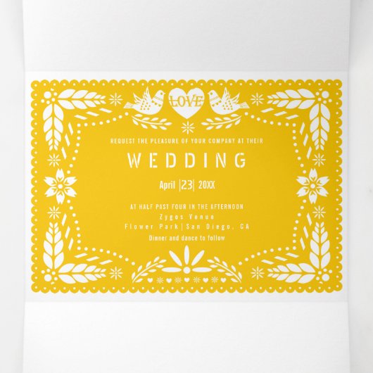 Invitation Trois Volets Pique-nique jaune inséparables mariage (Intérieur au milieu)