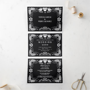 Invitation Trois Volets Pique picado noir et blanc inséparables mariage