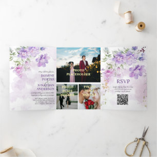 Invitation Trois Volets Pivoine Fleur de Lavande Violette Mariage Triptyqu