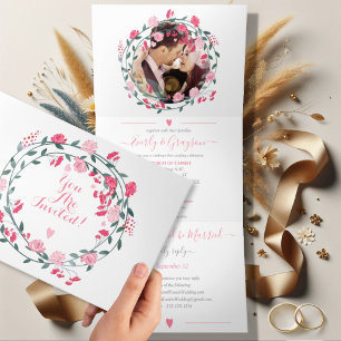 Invitation Trois Volets Pivoine Rose Sorbet Florale Mariage Tri-Feuille