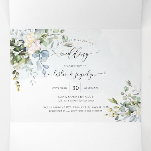 Invitation Trois Volets PixDezines Elégant Dusty Blue Eucalyptus (Intérieur au milieu)