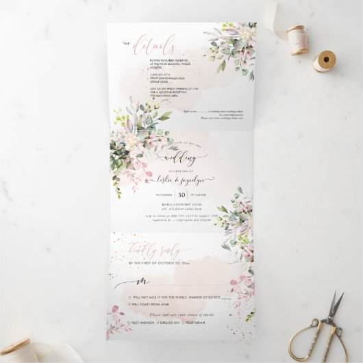 Invitation Trois Volets PixDezines Élégant Eucalyptus rose tendre (Intérieur)