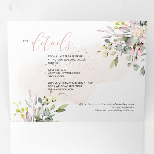 Invitation Trois Volets PixDezines Elégant Rose Bleu Eucalyptus (Intérieur en premier)