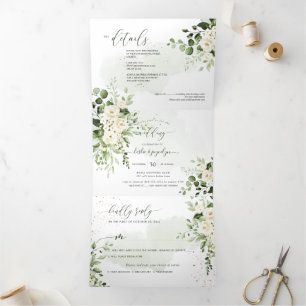 Invitation Trois Volets PixDezines Rustique Eucalyptus Albâtre Roses Tri-F