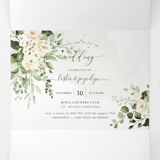 Invitation Trois Volets PixDezines Rustique Eucalyptus Albâtre Roses Tri-F (Intérieur au milieu)