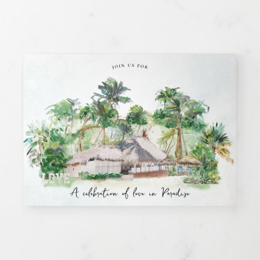 Invitation Trois Volets Plage de Boho | Mariage illustré (Page de couverture)