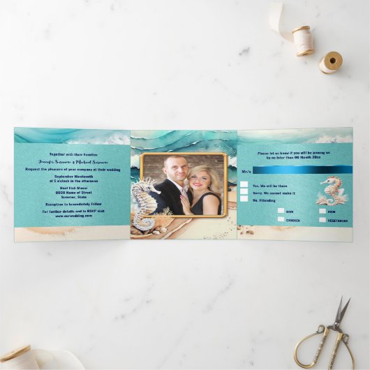 Invitation Trois Volets Plage de sable de mer vagues de l'océan aquarelle (Intérieur)