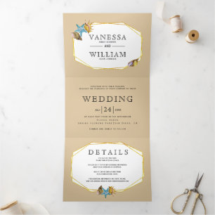 Invitation Trois Volets Plage d'or polygon coquillages sable plage mariage