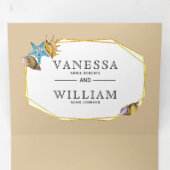 Invitation Trois Volets Plage d'or polygon coquillages sable plage mariage (Intérieur en premier)