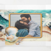 Invitation Trois Volets Plage sable mer vagues coquillages nautique chic (Intérieur au milieu)