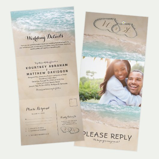 Invitation Trois Volets Plage Tropicale Mariage 3 en 1