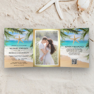 Invitation Trois Volets Plage Tropicale Palmier Étoile de Mer Photo Code Q