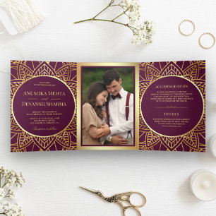 Invitation Trois Volets Plum et or ethnie Mandala Mariage indien
