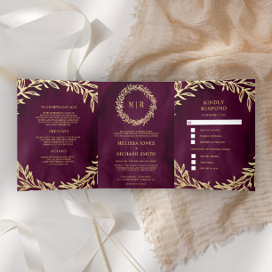 Invitation Trois Volets Plum Gold Leaf Branche tout en un Mariage