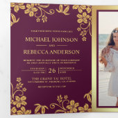 Invitation Trois Volets Plum Purple et or Foil Feuille Mariage (Intérieur en premier)