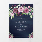 Invitation Trois Volets Plum rose Floral Ampersand Navy QR Code Mariage (Page de couverture)