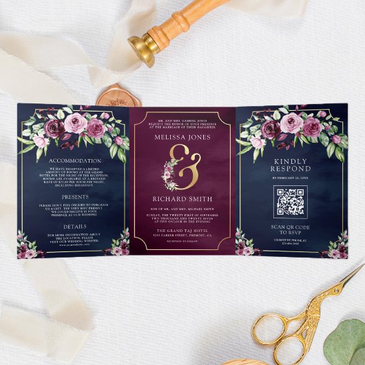Invitation Trois Volets Plum rose Floral Ampersand Navy QR Code Mariage