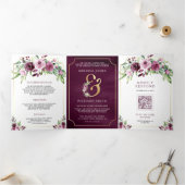 Invitation Trois Volets Plum rose Plum Floral Ampersand QR Code Mariage (Intérieur)
