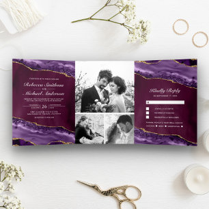 Invitation Trois Volets Plum, violet et or Agate Photo Collage Mariage
