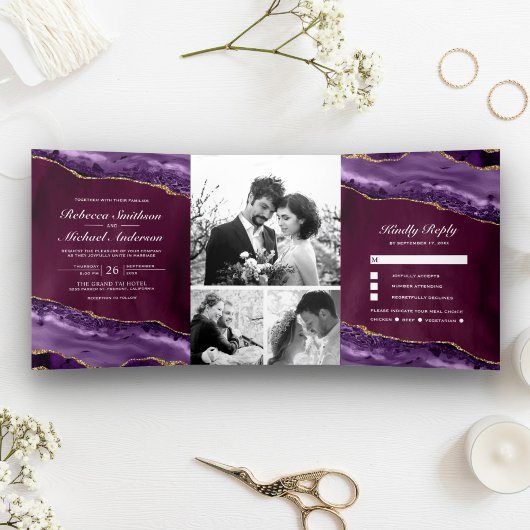 Invitation Trois Volets Plum, violet et or Agate Photo Collage Mariage