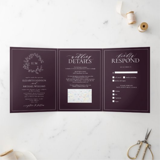Invitation Trois Volets Plum violet poitrine feuillue Monogramme Mariage (Intérieur)