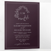 Invitation Trois Volets Plum violet poitrine feuillue Monogramme Mariage (Intérieur en premier)