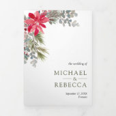 Invitation Trois Volets Poinsettia Floral Photo QR Code Mariage de Noël (Page de couverture)
