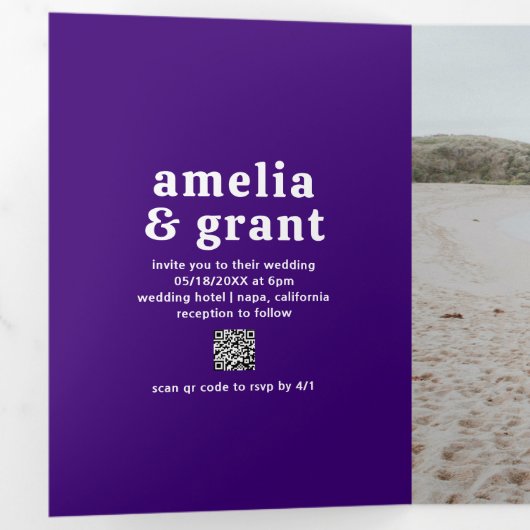Invitation Trois Volets Police rétro violet QR Code Photo Mariage moderne (Intérieur en premier)