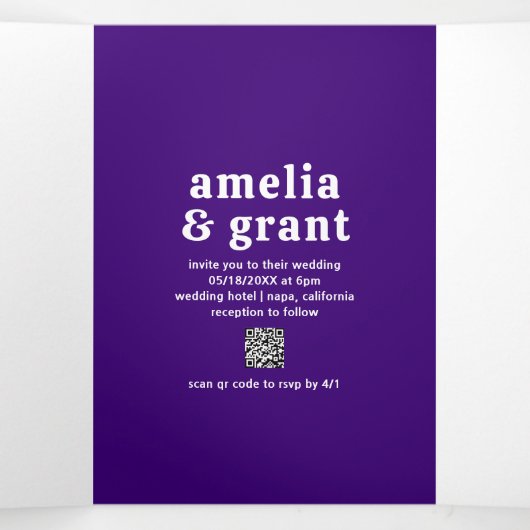 Invitation Trois Volets Police rétro violet QR Code Photo Mariage moderne (Intérieur au milieu)