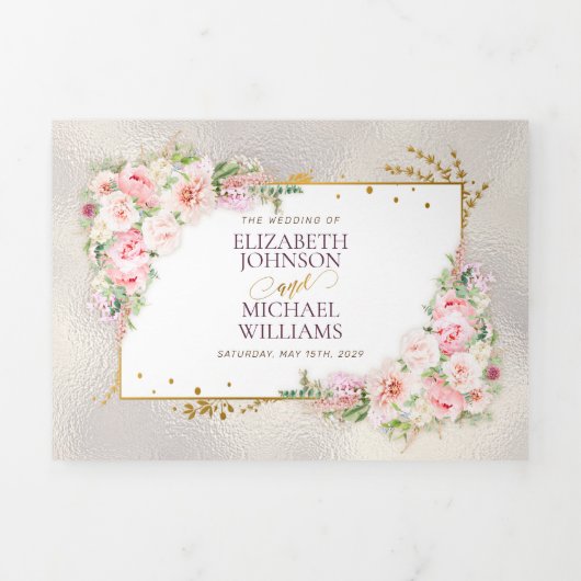 Invitation Trois Volets Pony rose Floral Gold Script & Frame (Page de couverture)