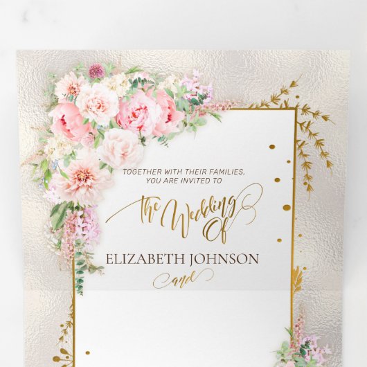 Invitation Trois Volets Pony rose Floral Gold Script & Frame (Intérieur en premier)