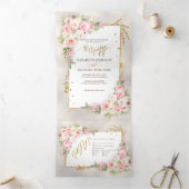 Invitation Trois Volets Pony rose Floral Gold Script & Frame (Intérieur)