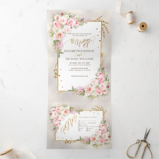 Invitation Trois Volets Pony rose Floral Gold Script & Frame (Intérieur)