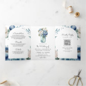 Invitation Trois Volets Pot Mason à code QR de mariage Pivoine Bleu et Bla (Intérieur)