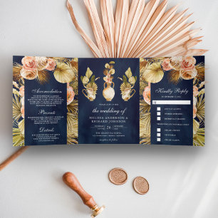 Invitation Trois Volets Pots Floraux Terneux Palmier Sec Bleu Marine Maria