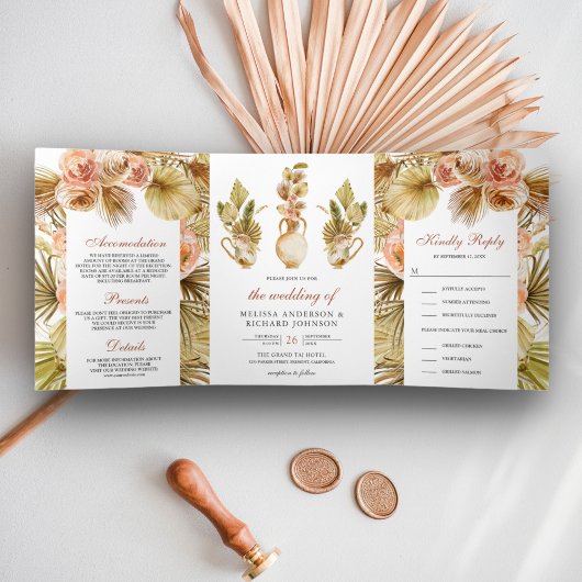 Invitation Trois Volets Pots Floraux Terre Rustique Mariage Boho Palm séch