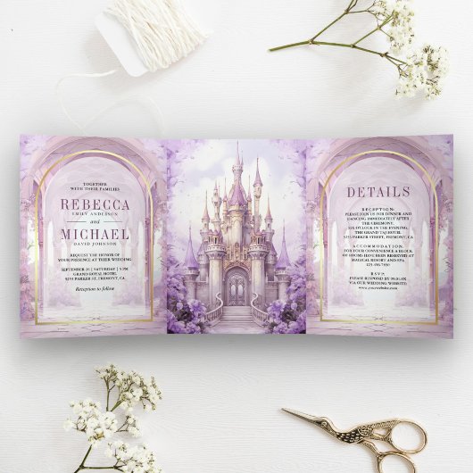 Invitation Trois Volets Purple Floral Fairytale Castle All in One Wedding