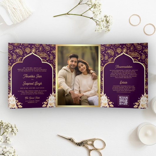 Invitation Trois Volets Purple Gold Paisley Floral QR Code Mariage indien