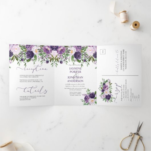 Invitation Trois Volets Purple, Lavande, Mariage Floral Rose Boho | (Intérieur)
