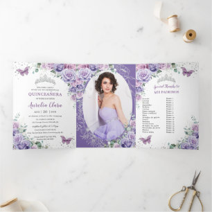 Invitation Trois Volets Purple Lilac Floral Argent Quinceañera 15 Photos