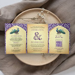 Invitation Trois Volets Purple Paisley Indian Peacock QR Code Mariage<br><div class="desc">Éblouissez vos invités avec cet élégant thème indien tout en une invitation de mariage avec un motif paisley traditionnel et de beaux paons aquarelle avec QR Code pour RSVP en ligne. Ajoutez simplement les détails de votre événement sur ce modèle facile à utiliser et ornez cette carte avec vos photos...</div>