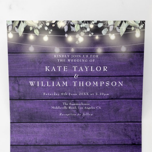 Invitation Trois Volets Purple Rustic String éclaire Floral Photo Mariage (Intérieur en premier)