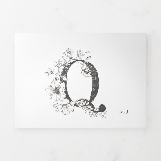 Invitation Trois Volets 'Q' Monogramme magnifique Mariage floral croisé (Page de couverture)