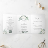 Invitation Trois Volets QR Code À feuillage persistant et Mariage de bouqu (Intérieur)