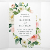 Invitation Trois Volets QR Code Blush White Bloom Floral Mariage (Intérieur au milieu)